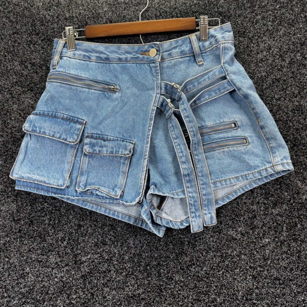 Windsor Medium Wash Denim Utility Cargo Shorts Asymmetrical Straps FAC01 Size S